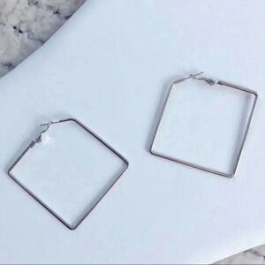 Silver Stainless Steel Large Square Shaped Hoop Earrings NWT